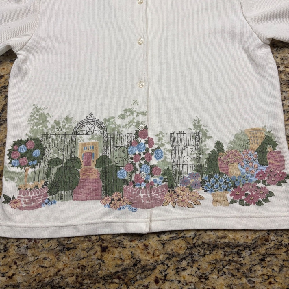 Vintage Cottagecore Garden Graphic Ribbed Cardigan Cream Floral V-Neck Sweater v - Picture 2 of 7
